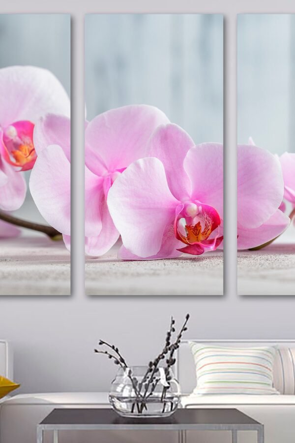 Pink Orchid Flower Wall Art Canvas Print Over Grey Background. Flower Art, Blossom - Giclee Art For Home Decor, Wall Interior Design