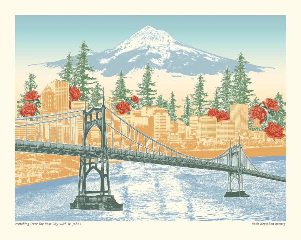 Portland, Oregon Art Print & Canvas Wrap - Watching Over The Rose City With St. Johns Vintage Vibe