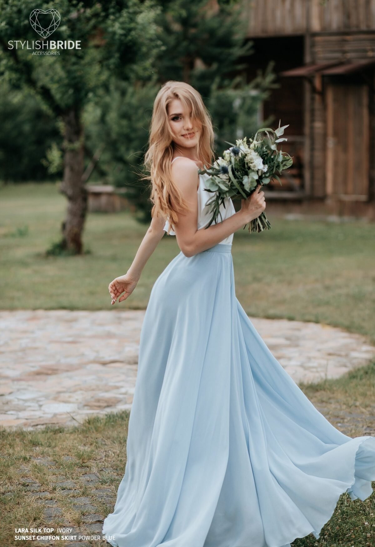 Powder Blue Chiffon "Sunset" Full Sun Flying A-Line Skirt & Lara Ruffled Silk Top Available in Plus Size
