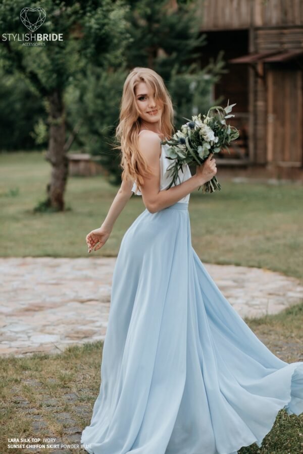 Powder Blue Chiffon "Sunset" Full Sun Flying A-Line Skirt & Lara Ruffled Silk Top Available in Plus Size