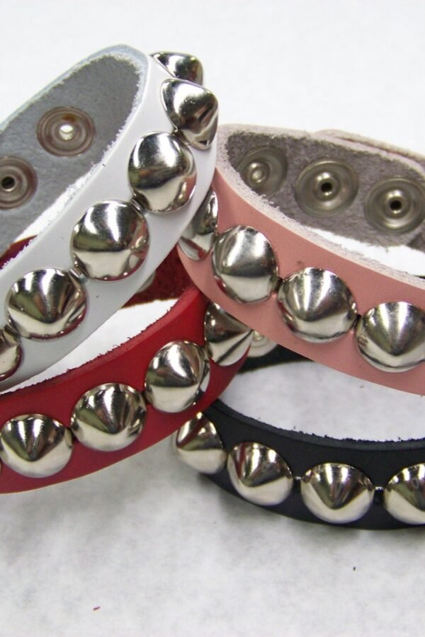 Premium 3/4" - 19mm Wide Full Grain Leather Studded Wristband With Single Rows 1/2" Us/77 Cone Studs Bracelet Rock Black Red Pink White
