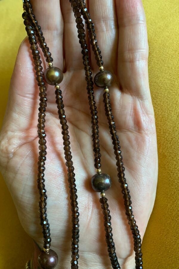 Pretty 36" Faceted Smoky Quartz & Chocolate Pearl Necklace With 14 Karat Gold Clasp