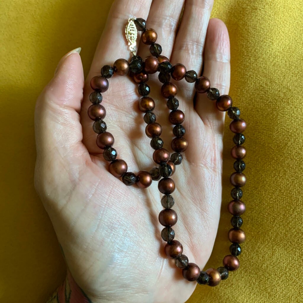 Pretty Strand Of Faceted Smoky Quartz & Chocolate Pearls With A 14 Karat Gold Closure