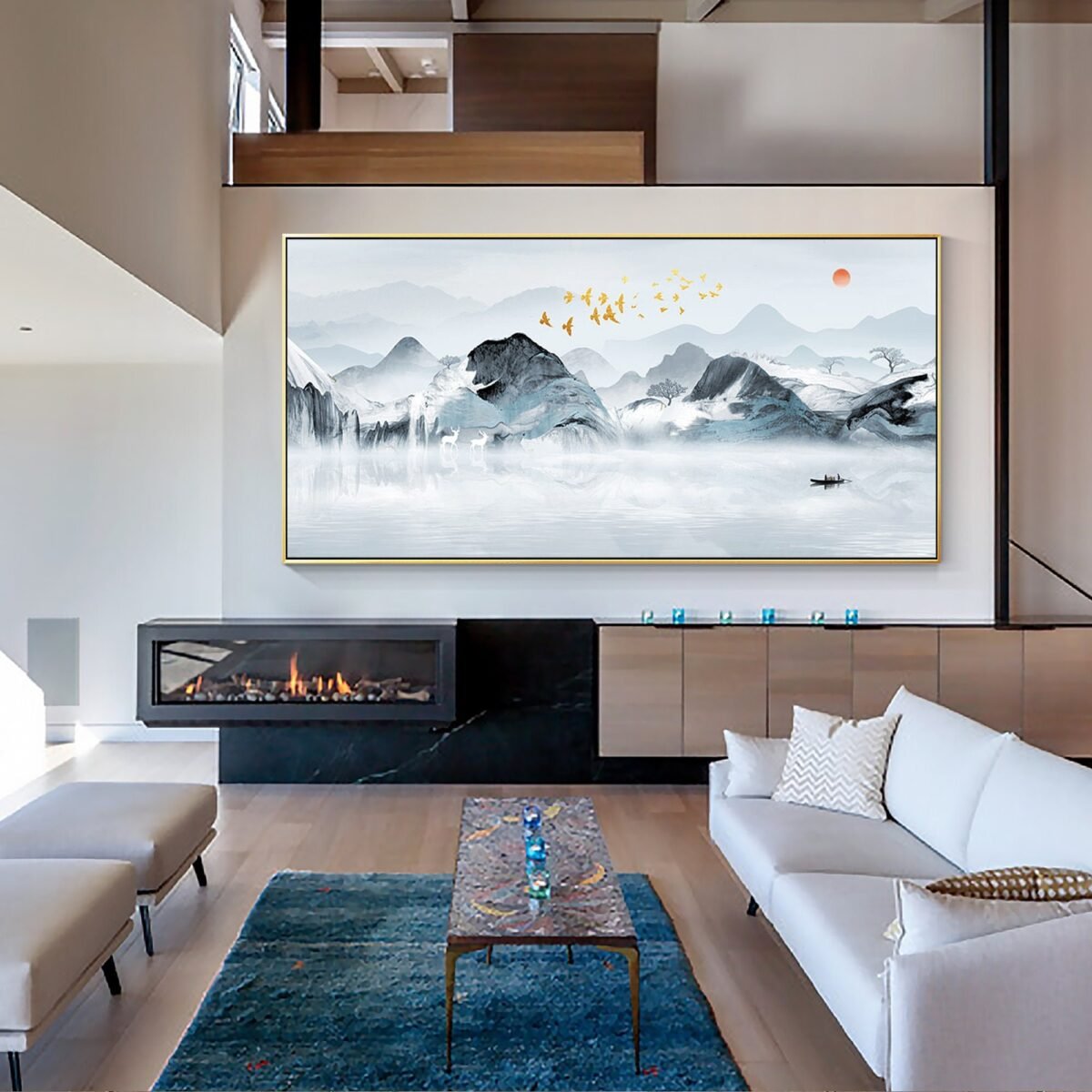 Printable Abstract Mountain Frame Wall Art Landscape Painting|Sun Bird Boat Watercolor Canvas|Extra Large Wall Art Room Decor|Yxpainting