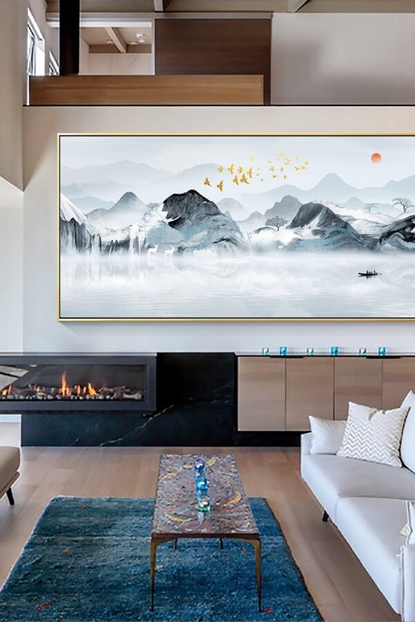 Printable Abstract Mountain Frame Wall Art Landscape Painting|Sun Bird Boat Watercolor Canvas|Extra Large Wall Art Room Decor|Yxpainting