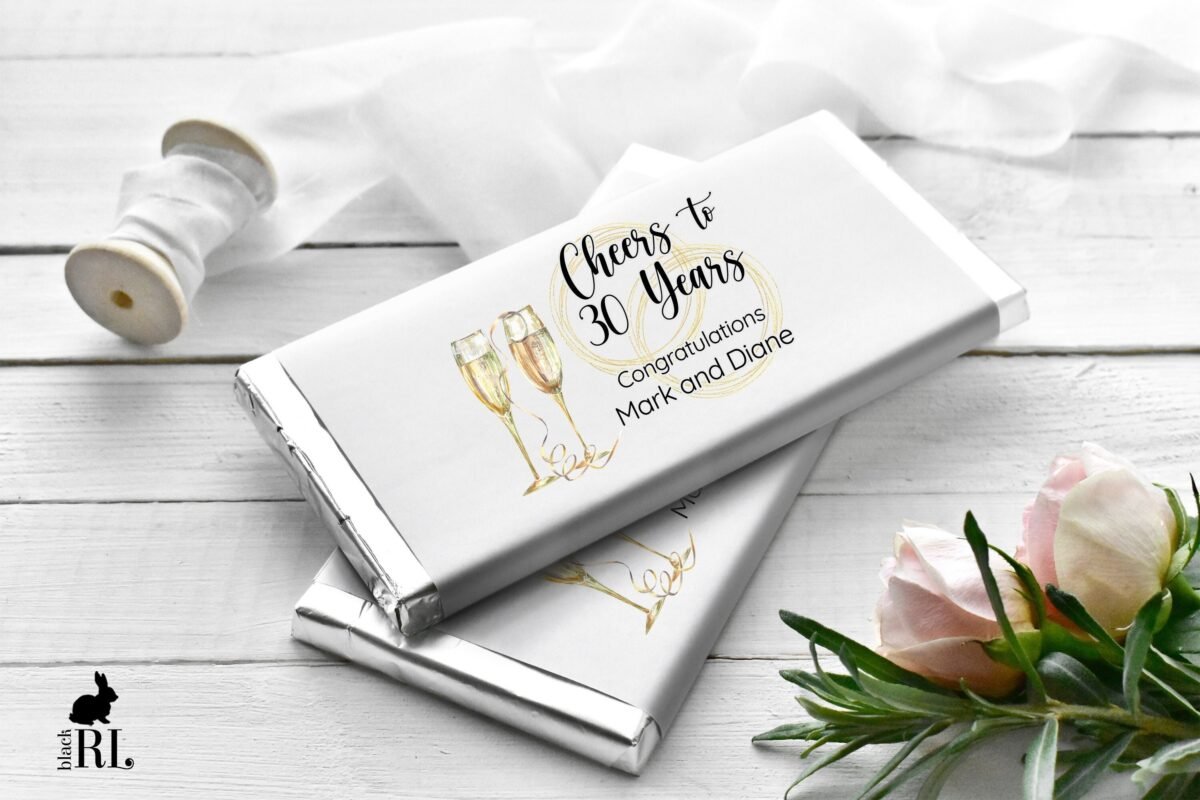 Printed Labels For Full Size Candy Bar Chocolate Stickers - Personalized Wedding Anniversary Or Any Party Champagne Glasses Ch21