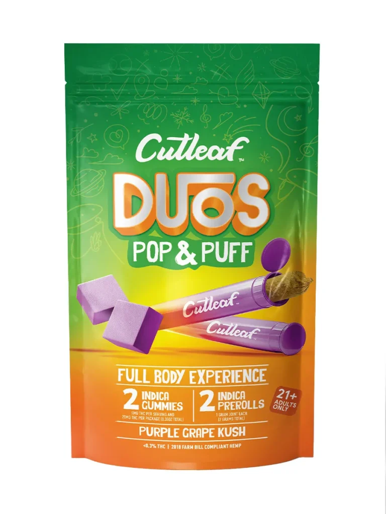 Purple Grape Kush Cutleaf Duos Pop & Puff THCA Pre-Rolls & Gummies 2ct