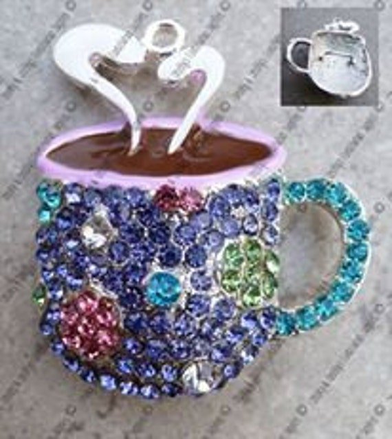 Purple Mug Of Coffee Pendant - Enamel With Rhinestones Chunky Necklaces 41mm X 37mm Silver Colored On Hot Chocolate