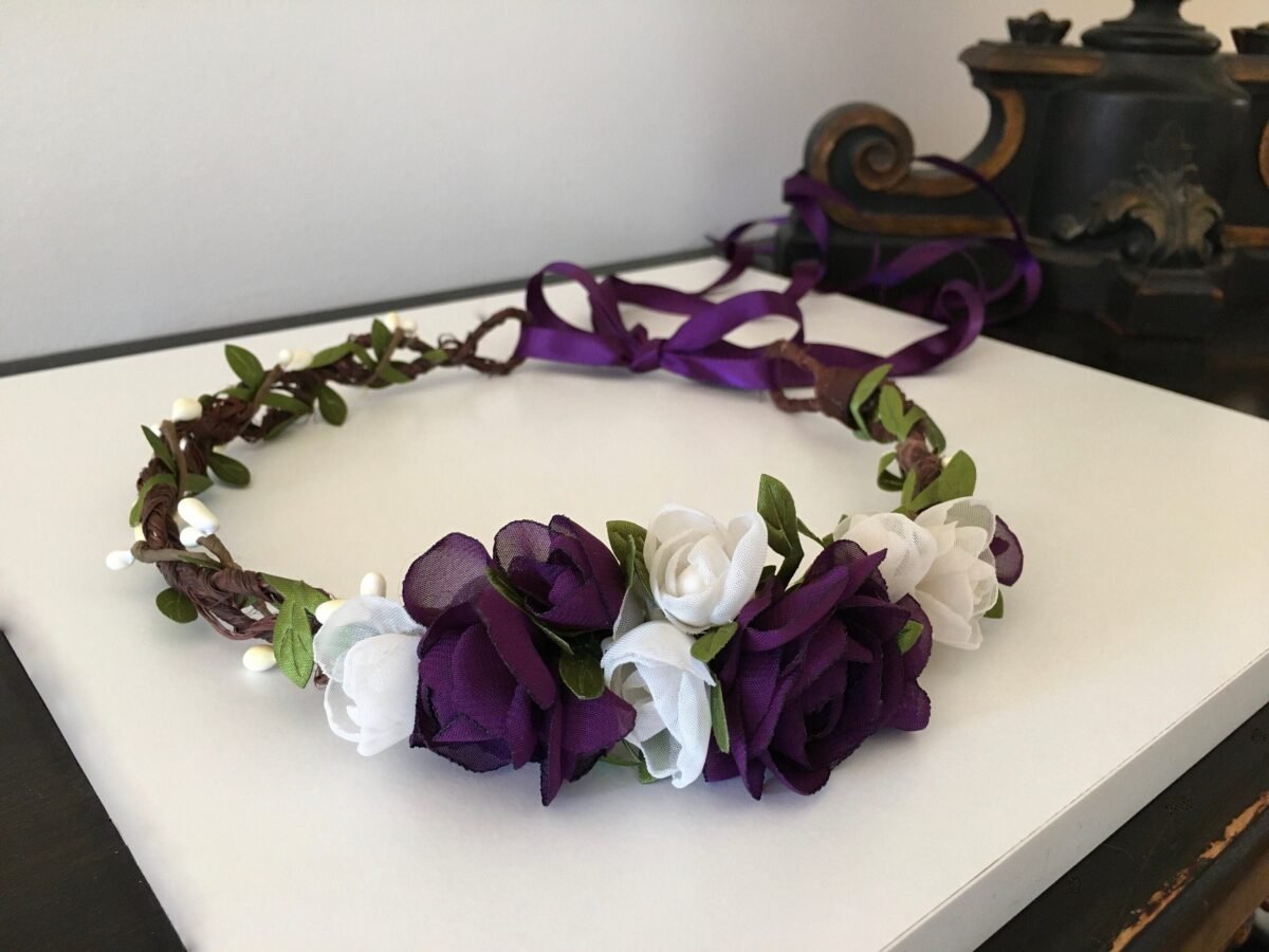 Purple & Cream Rose Flower Crown Chiffon Bridal Headpiece