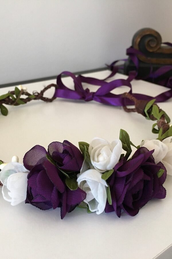 Purple & Cream Rose Flower Crown Chiffon Bridal Headpiece