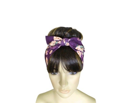 Purple & Peach Hairband. Bow Headband Stretch Head Wrap. Soft Cotton Spandex Hair