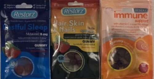 RESTORZ Set (3) MELATONIN, IMMUNE SUPPORT, HAIR SKIN & NAILS Biotin Gummies