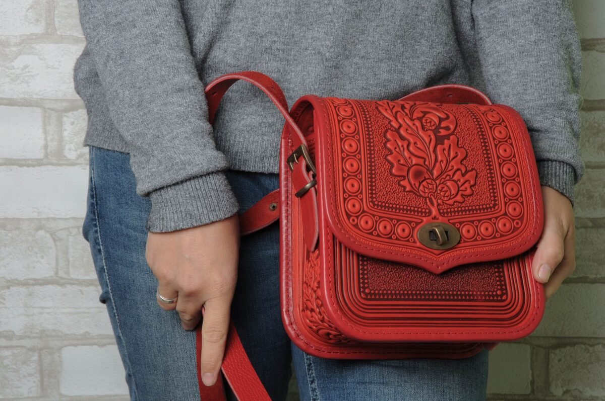 Red Leather Crossbody Purse Hot Tooled Oak Leaf Shoulder Bag