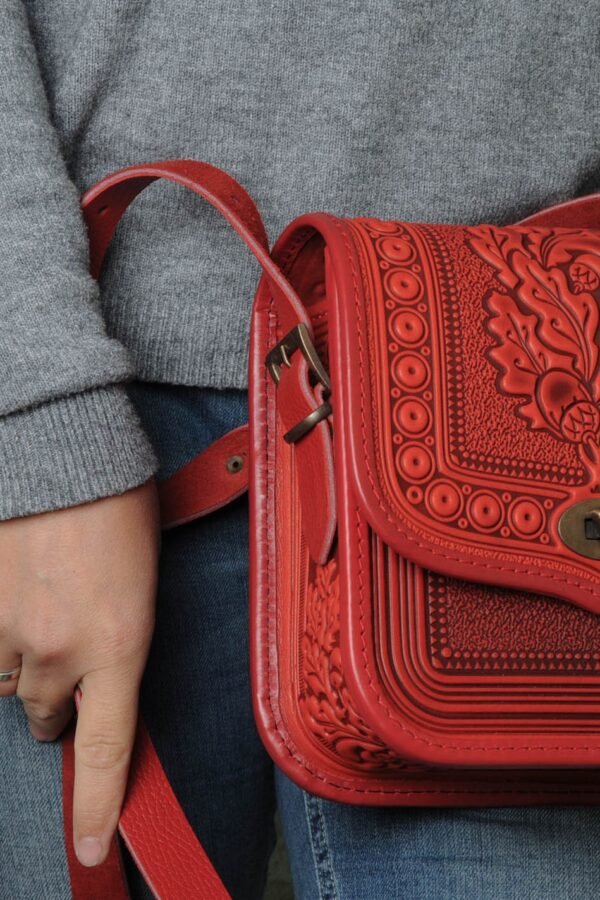 Red Leather Crossbody Purse Hot Tooled Oak Leaf Shoulder Bag