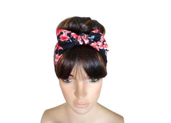 Red & Black Hairband. Bow Headband Stretch Head Wrap. Soft Cotton Spandex Hair