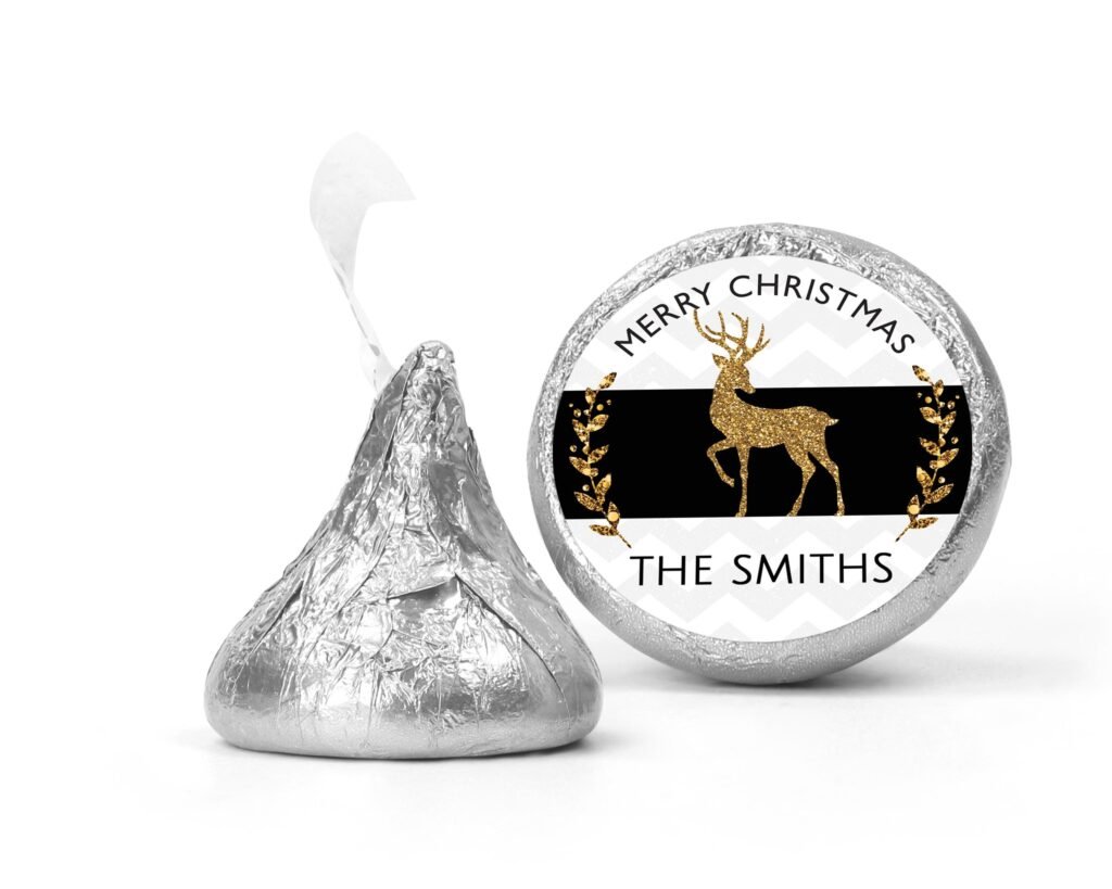Reindeer Gold Glitter Christmas Kiss Stickers, Personalized Party Chocolate Favor Labels, Xmas Classroom Candy Labels