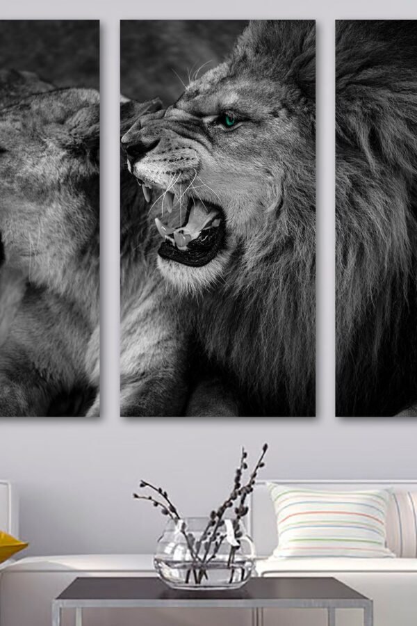 Roaring Lion & Lioness Wall Art Canvas Print. Black & White Green Eye Animal Print -Giclee Home Art Decor, Wall Interior Design