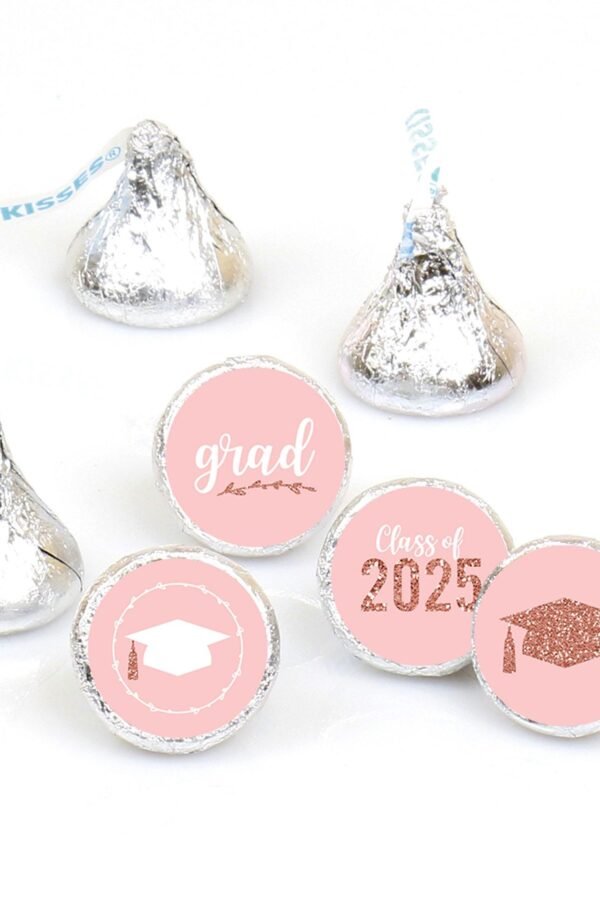 Rose Gold Grad - 2025 Graduation Party Round Candy Sticker Favors Labels Fit Chocolate | 1 Sheet Of 108