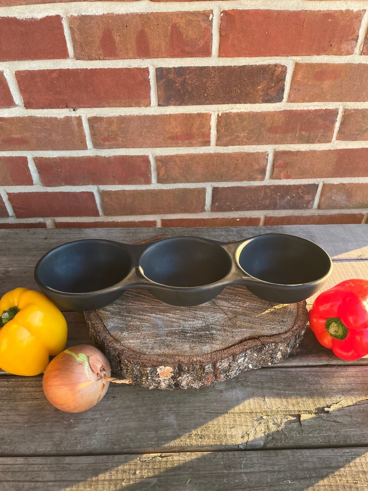 Round Stoneware Triple Dip Bowl