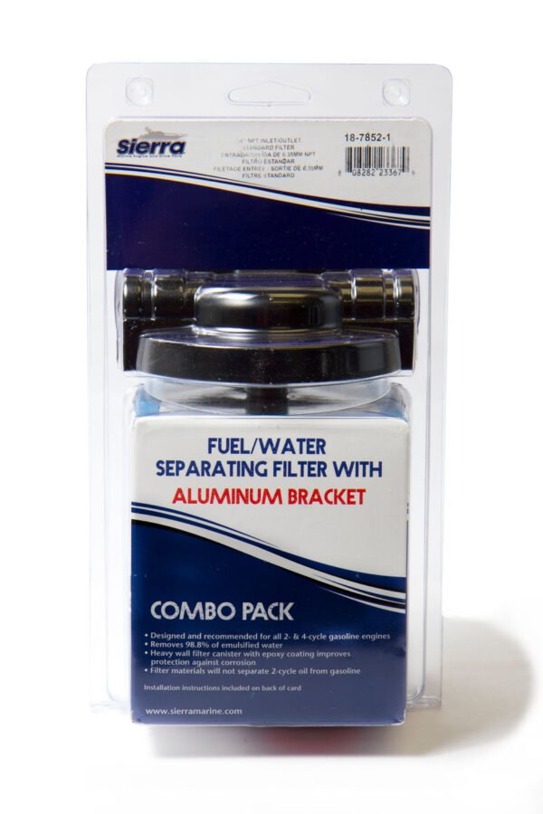 SIERRA 18-7852-1 FUEL WATER SEPARATOR KIT, 21 Micron Element; 90 GPH; Aluminum Housing; Tall Filter; 1/4 Inch Inlet/Outlet Size; Fuel Injected Engines; With Fuel Water Separator/ Mounting Bracket/ Two 1/4 Inch Pipe Plugs