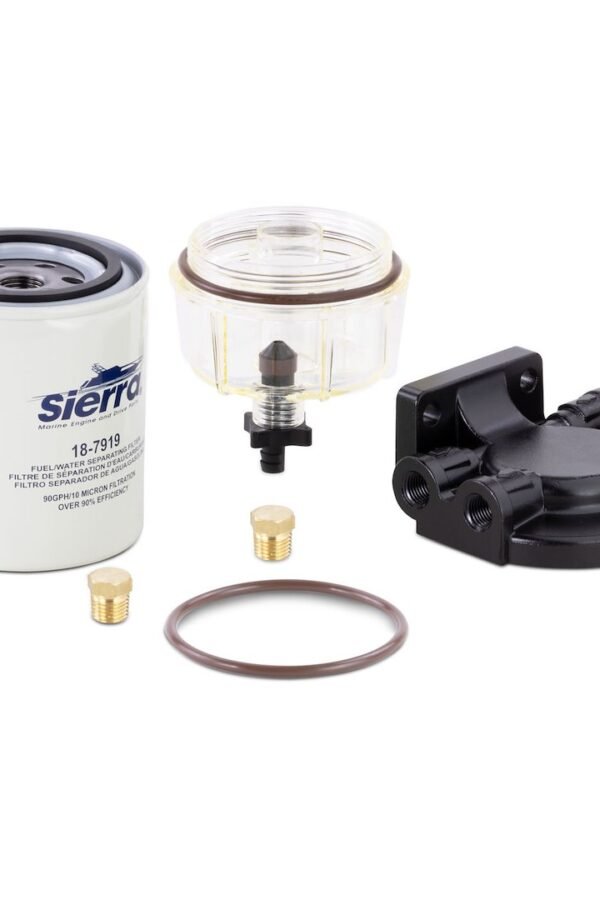 SIERRA 18-7932-1 RACOR STYLE FUEL WATER SEPARATOR, 10 Micron Element; Aluminum Housing; 1/4 Inch Inlet/Outlet Size; With Fuel Water Separator/ Mounting Bracket/ Two 1/4 Inch Pipe Plugs/ AquaVue Collection Bowl