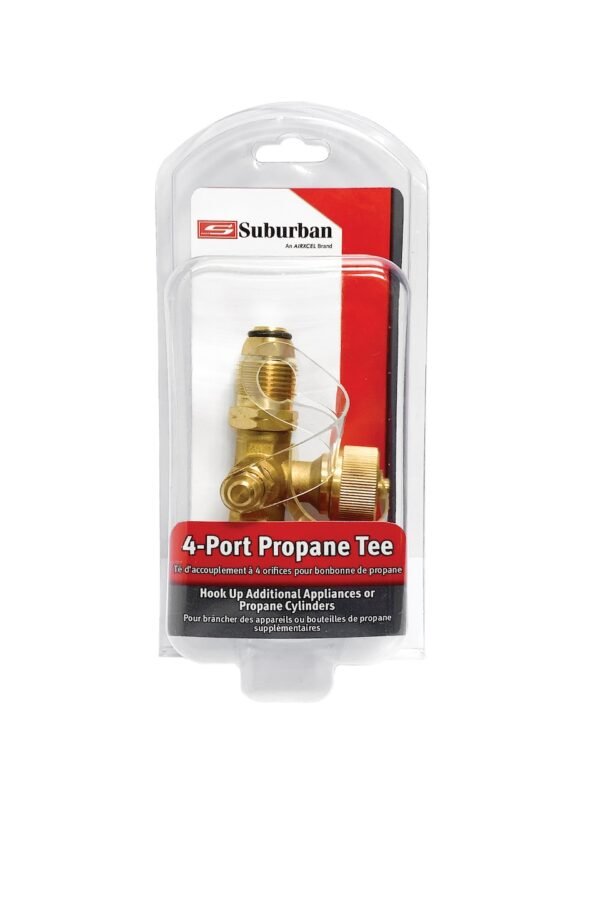 SUBURBAN LP-POLTEE 4-PORT PROPANE TEE-- INLET: FEMALE, T-Connection; 4 Port; Female POL 1/4 Inch Inverted Flare x 1 Inch Male Pipe Thread Excess Flow Soft Nose POL; Brass