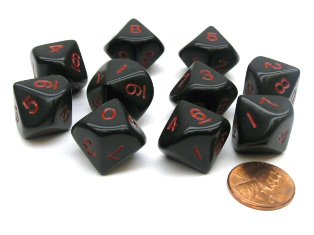 Set Of 10 D10 Sided 16mm Opaque Dice - Black With Red Numbers