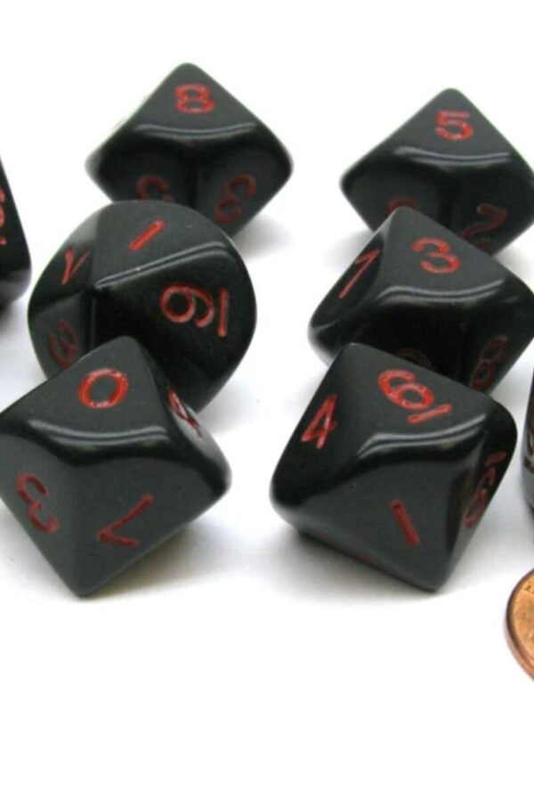 Set Of 10 D10 Sided 16mm Opaque Dice - Black With Red Numbers