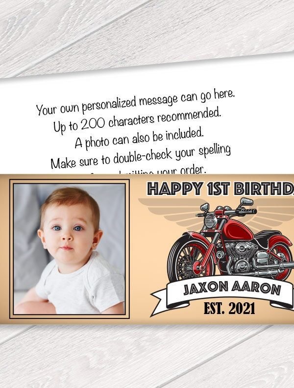 Set Of 12 - Motorcycle Themed Candy Bar Wrappers With Photo Birthday Party Favors For Chocolate We Print