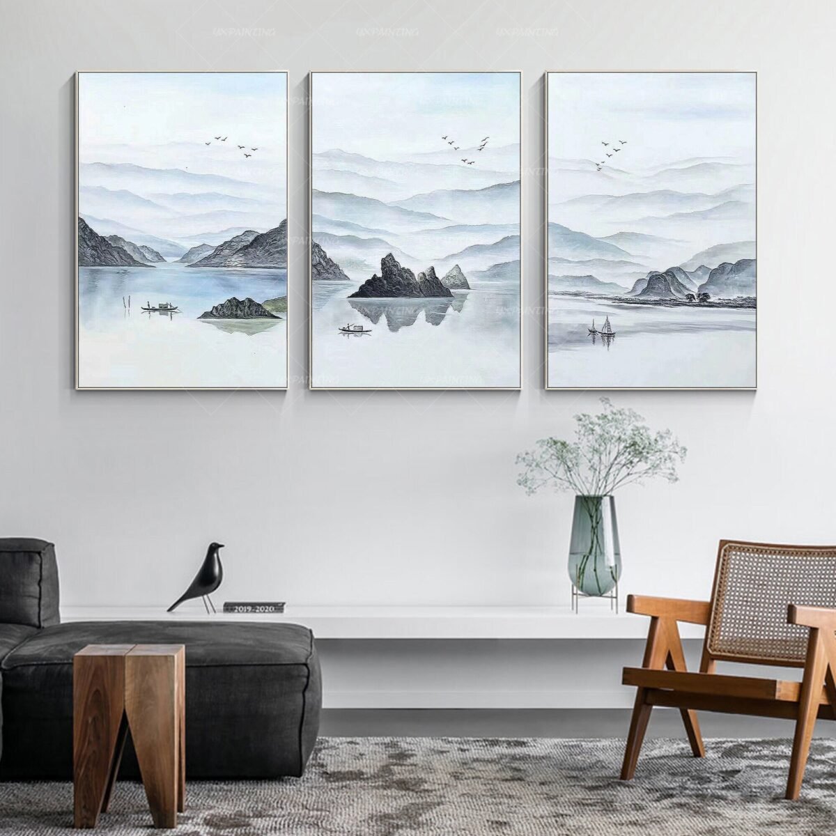 Set Of 3 Pieces Mountain Wall Art Framed|Original Watercolour Painting On Canvas|Abstract Boat River|Acrylic Landscape Yxpainting