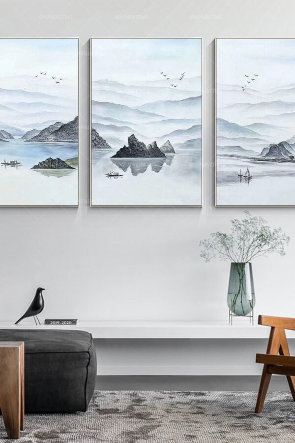 Set Of 3 Pieces Mountain Wall Art Framed|Original Watercolour Painting On Canvas|Abstract Boat River|Acrylic Landscape Yxpainting