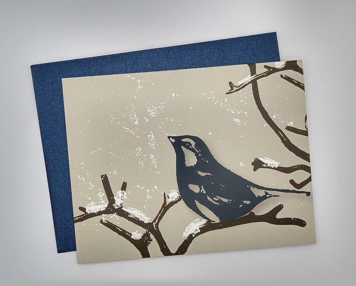 Set Of 8 Holiday Card/Christmas Cards - Winter Finch Bird, Branch, Snow