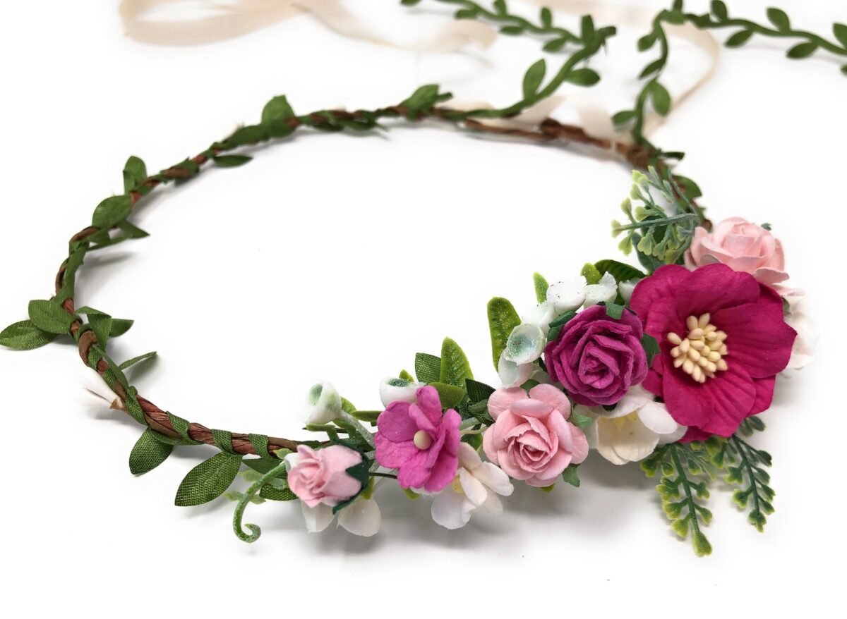 Shocking Pink Flower Headband, Fuchsia Crown, Toddler Baby Halo, Girl Floral Child Crown