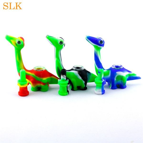 Siliclab design silicone dab rig glass dinosaur bong for wax smoking water buubler glass pipe with 14mm silicone down stem glass bowl