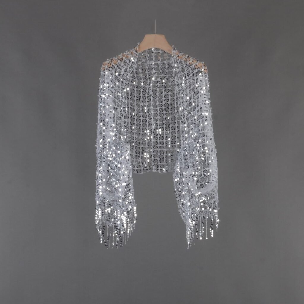 Silver Mesh Sequins Shrug, Shrug With Tassels, Wedding Shrug, Sliver Lace, Loose Fit, Sequins Bolero, Shawl, Party Wrap, Sequin Cover Up