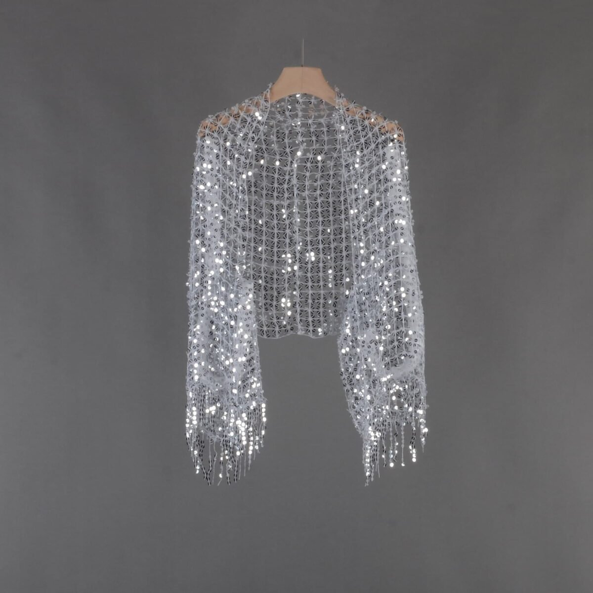 Silver Mesh Sequins Shrug, Shrug With Tassels, Wedding Shrug, Sliver Lace, Loose Fit, Sequins Bolero, Shawl, Party Wrap, Sequin Cover Up