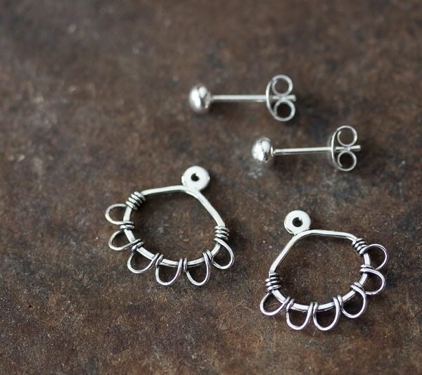 Silver Wire Wrapped Ear Jacket Earrings, Front & Back Earring, Unique Artisan Earring Enhancers, Interchangeable Stud Earrings