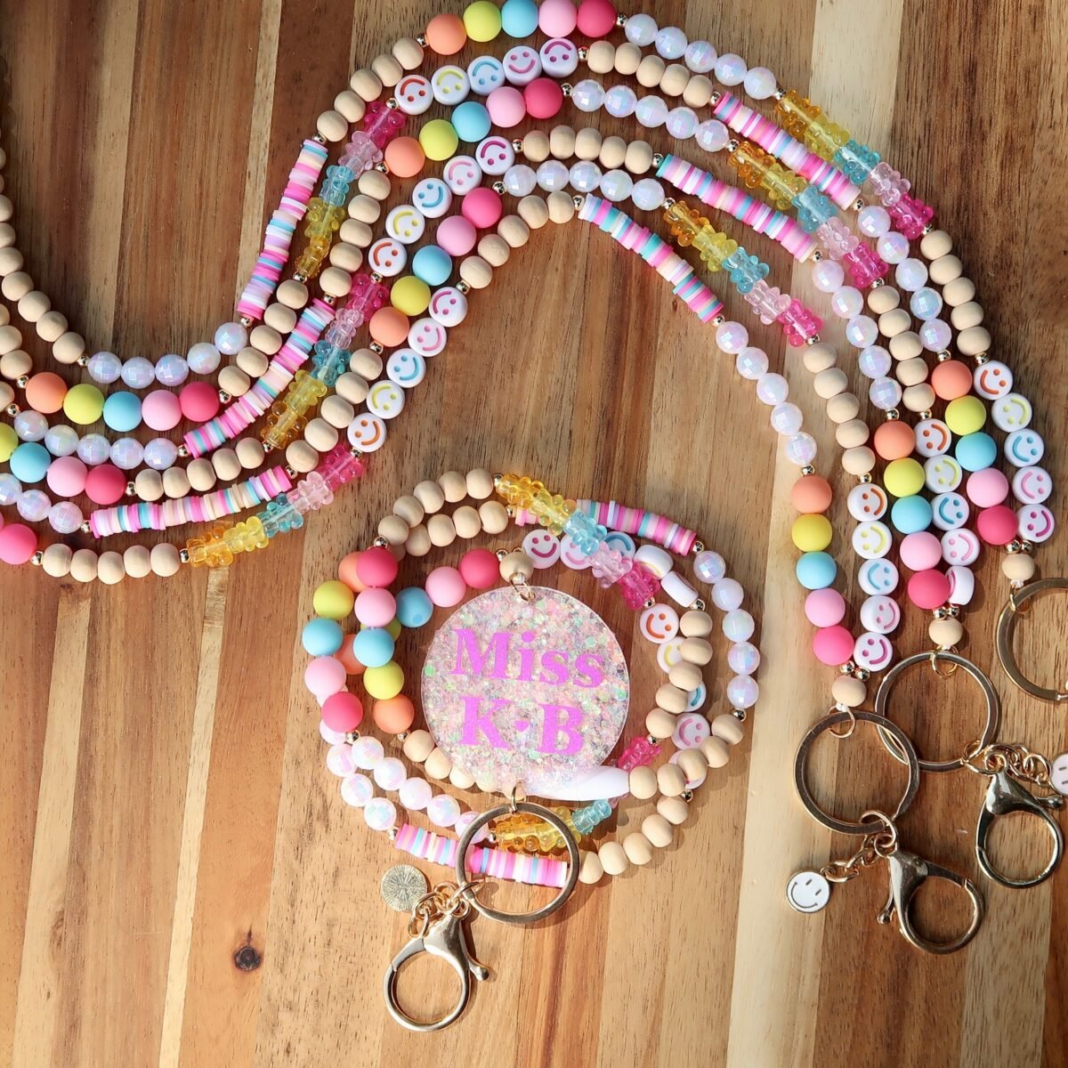 Smiley Face Personalized Teacher Lanyard | Rainbow Beaded Lanyards Gummy Bear Gift Nurse Badge Holder Sparkly Breakaway
