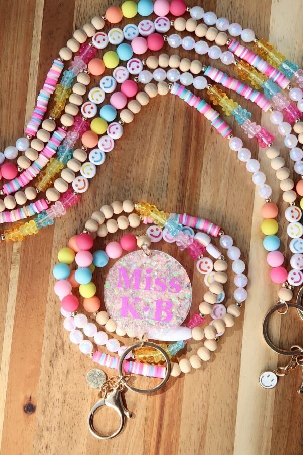 Smiley Face Personalized Teacher Lanyard | Rainbow Beaded Lanyards Gummy Bear Gift Nurse Badge Holder Sparkly Breakaway
