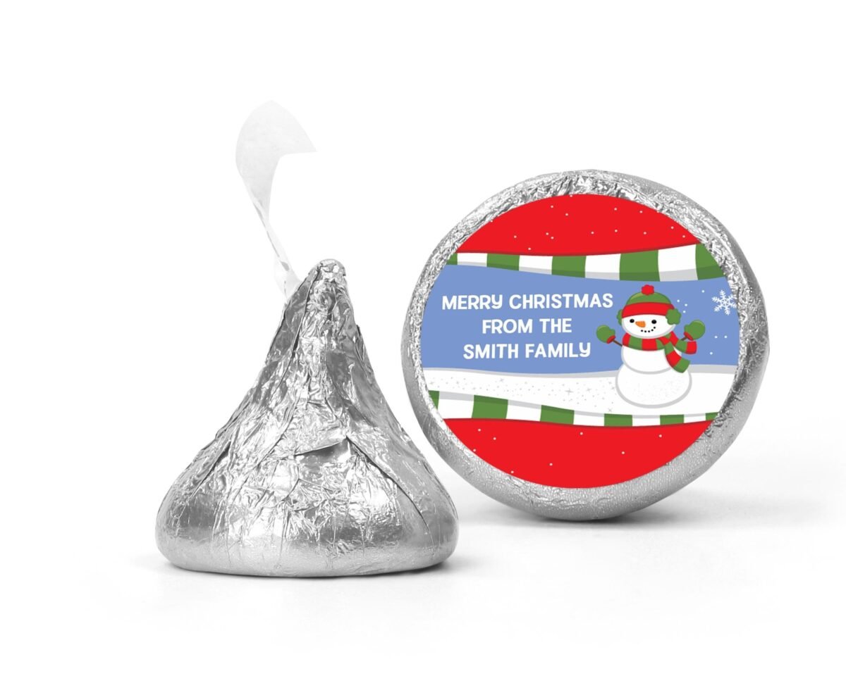 Snowman Christmas Kiss Stickers, Personalized Party Chocolate Favor Labels, Holiday Classroom Candy Labels