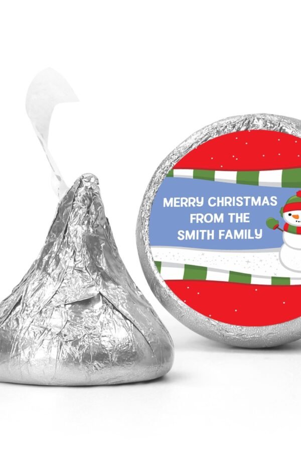Snowman Christmas Kiss Stickers, Personalized Party Chocolate Favor Labels, Holiday Classroom Candy Labels