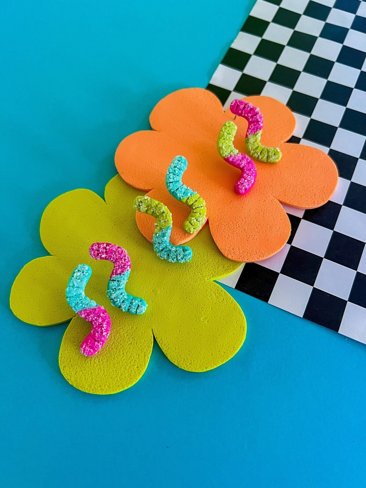 Sour Gummy Worm Studs Handmade Polymer Clay Candy Earrings