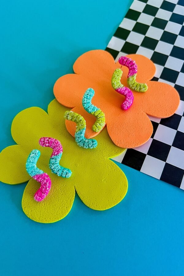 Sour Gummy Worm Studs Handmade Polymer Clay Candy Earrings