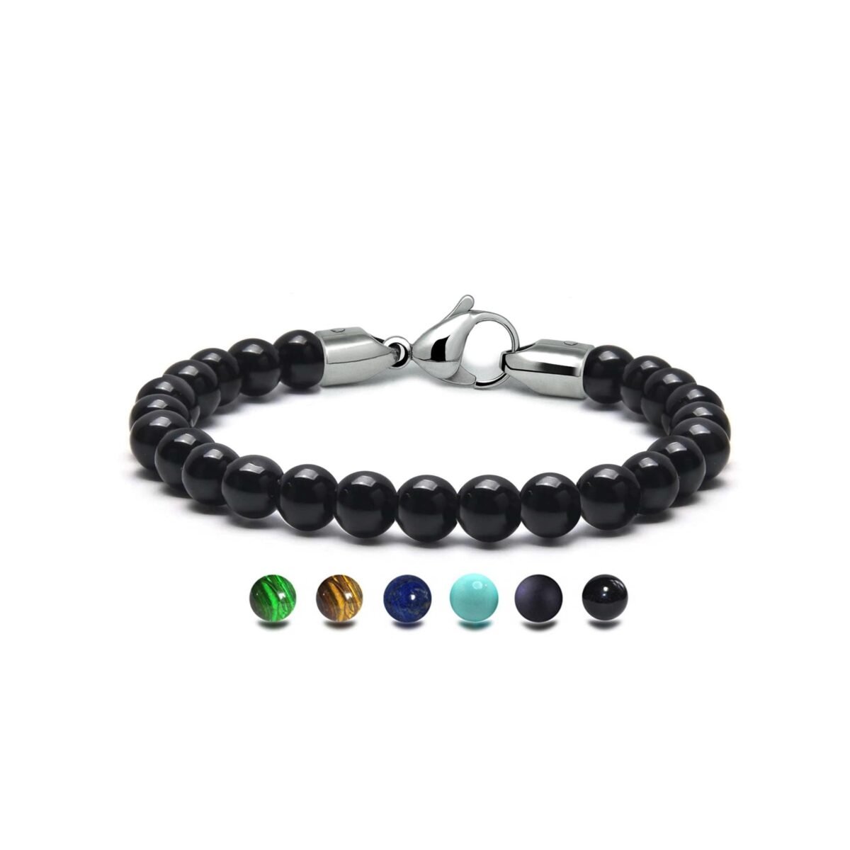 Spiritual 8mm Black Onyx Beads Bracelet in Stainless Steel By Taormina Jewelry