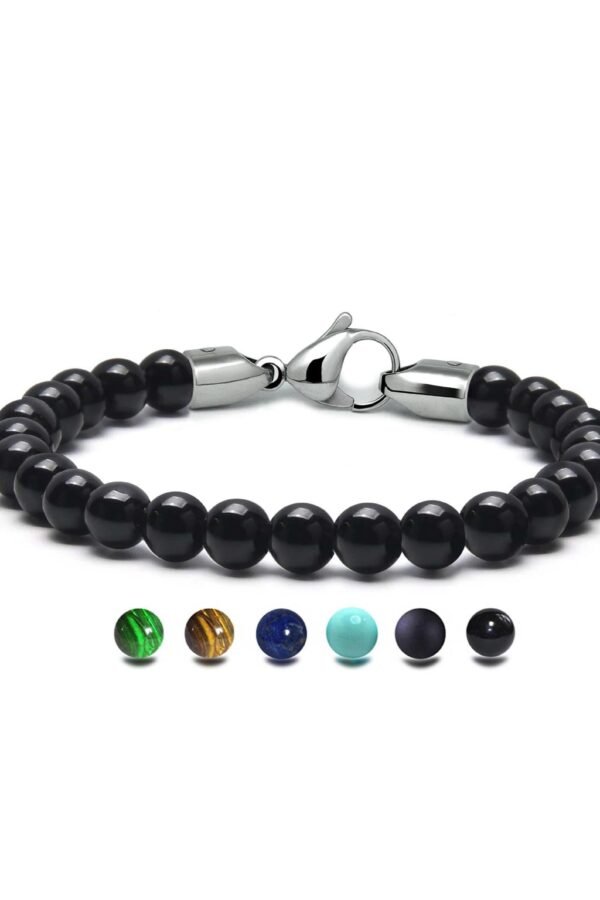 Spiritual 8mm Black Onyx Beads Bracelet in Stainless Steel By Taormina Jewelry