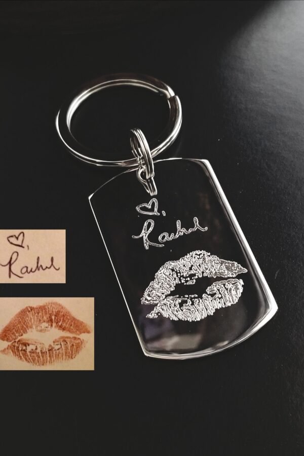 Stainless Steel Your Kiss Lips & Handwriting Writing Exact Replica Print Keychain Key Fob Valentines Day Love Husband Grooms Boyfriend