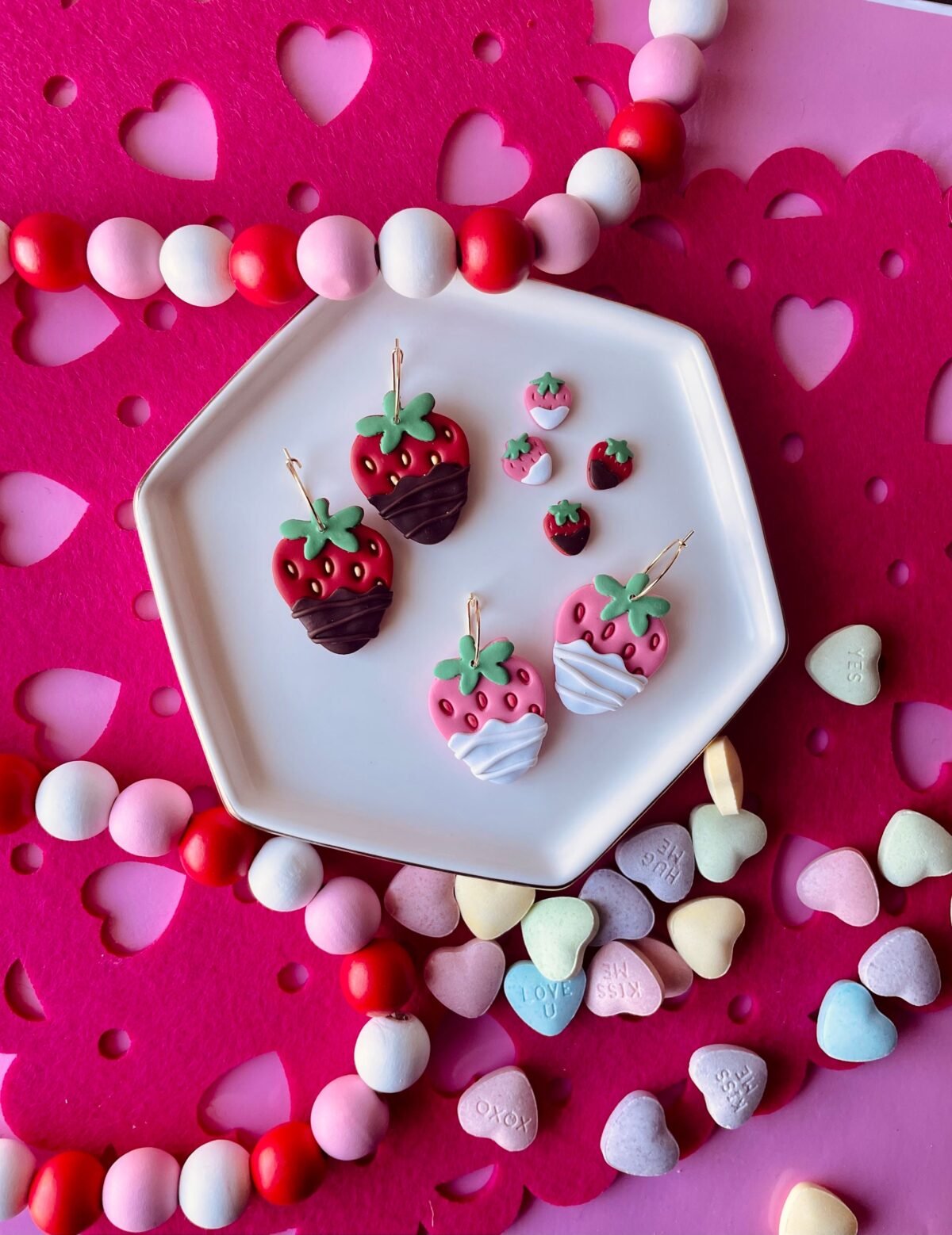Strawberry Earrings, Valentine's Day Clay Statement Food Gifts For Her, Gold Hoop Findings, Chocolate Covered