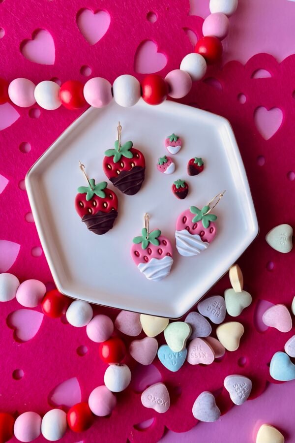 Strawberry Earrings, Valentine's Day Clay Statement Food Gifts For Her, Gold Hoop Findings, Chocolate Covered
