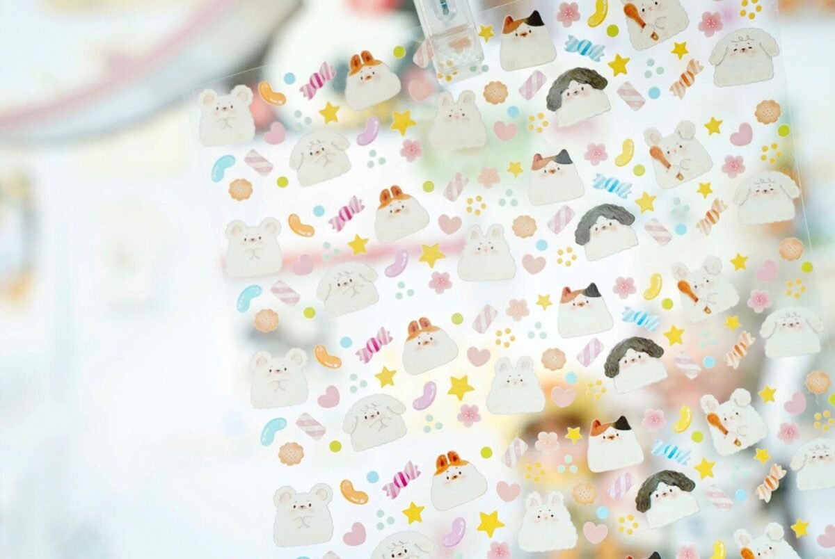 Sugar Washi & Clear Tape, Kitty, Puppy, Bunny Themed Tape Roll, Gummy Candy Kawaii Masking Creative Journal Supply