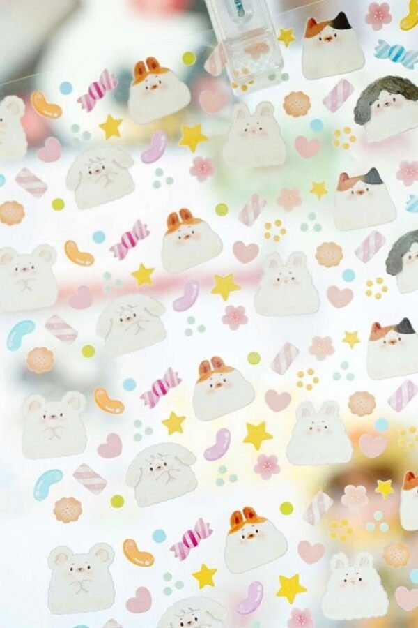 Sugar Washi & Clear Tape, Kitty, Puppy, Bunny Themed Tape Roll, Gummy Candy Kawaii Masking Creative Journal Supply